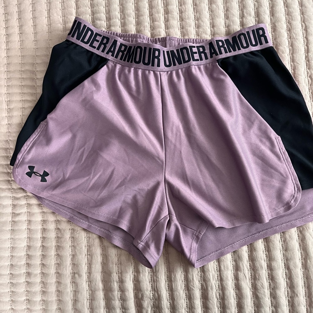 Under-armor shorts, purple and black, size small